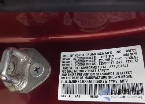 2010 Honda Cr-V Lx from USA, damaged, VIN 5J6RE4H35AL004876